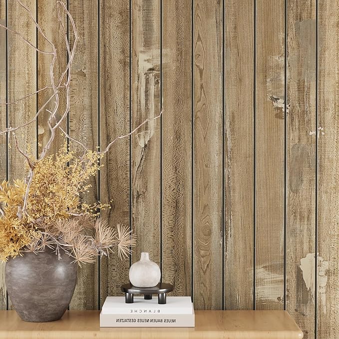 VEELIKE Weathered Wood Wall Panels Peel and Stick Distressed Wood Grain Slat