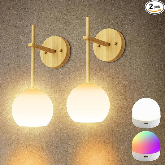 Wood Grain Battery Operated Wall Sconces Set of 2, Rechargeable Wireless Wall