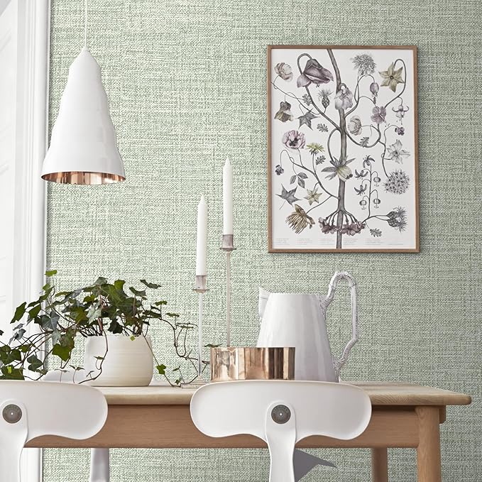 Green Grasscloth Peel and Stick Wallpaper 17.3"x120" Faux Linen Textured