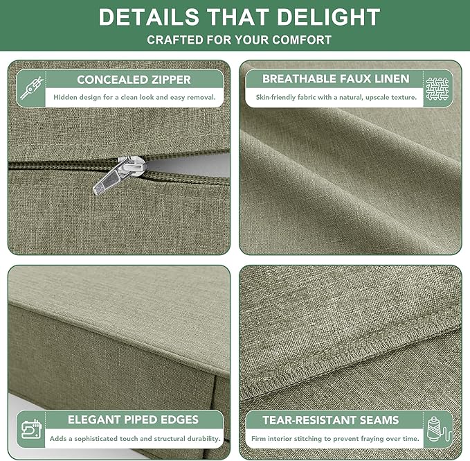 Summsun Water Resistant Outdoor Chair Cushions, Faux Linen Backrest and Seat Cushion Set with Ties, Removable Cover, Non-Slip Bottom for Patio Furniture, 19 x 19 Inch, Mocca Green, Set of 4