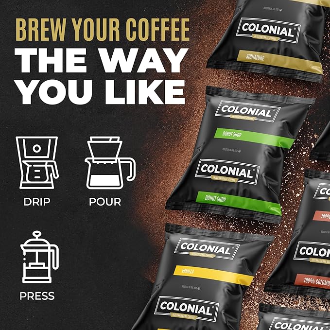 Colonial Coffee 32 Count Single Pot Coffee Packets – 100% Arabica Colombian Medium Roast | Pre-Measured Frac Packs for 12 Cup Maker | Bulk Ground Gourmet Coffee for Home & Office