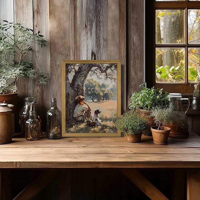 Wood Framed Canvas Wall Art, Vintage Boy and Dog Painting Poster, Countryside