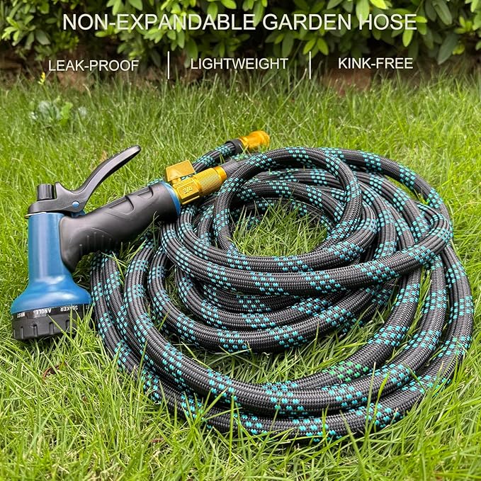 Garden Hose Non-Expandable 50 ft, Lightweight Flexible Water Hose with 10 Function Spray Nozzle, Outdoor Leak Proof, Kink-Free, Portable Hose for Yard, Lawn, Camper, High-Density Fabric, Black Blue