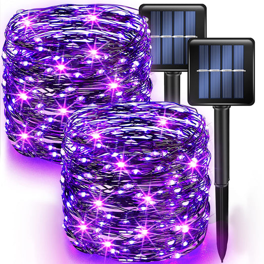 Dazzle Bright Fairy String Lights, 39.4FT, 120 LED, Solar Powered, Waterproof, Purple, Copper Wire, 8 Modes, Outdoor Christmas Decor