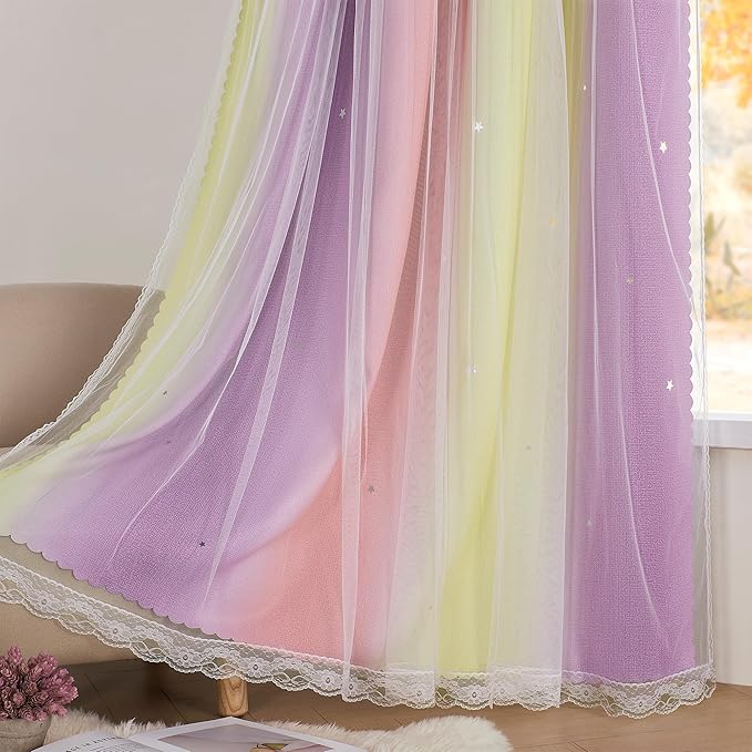 XiDi Pink Curtains for Bedroom Decor Blackout Curtains for Girl Room Rainbow