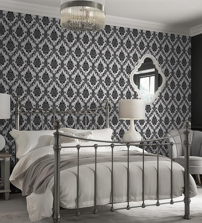 17.7" x 197" Peel and Stick Wallpaper Black Vintage Wallpaper Damask Contact