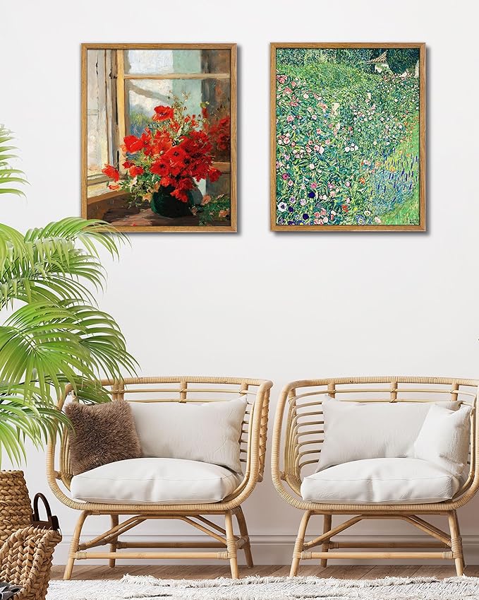 UPWOIGH 16x24 in Large Framed Wall Art, Gustav Klimt Green Botanical Oil Painting Canvas, Vintage Italian Garden Floral Landscape, Retro Moody Wall Decor for Living Room Bedroom, 1 Pack Gift
