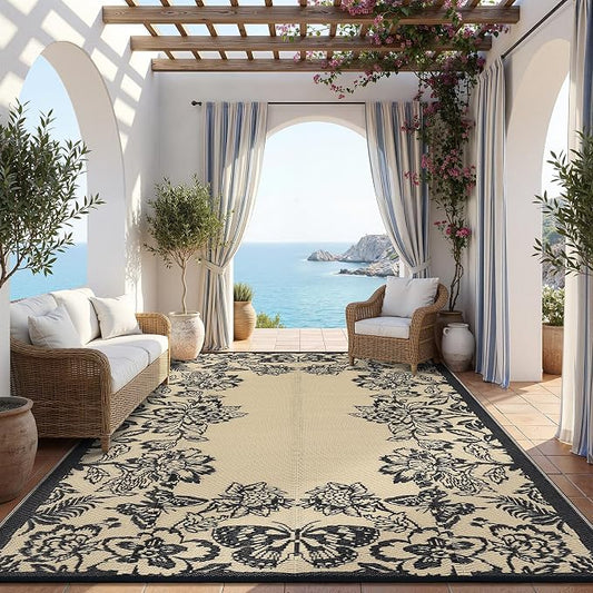 Garvee Outdoor Rugs 9âx12â Waterproof Reversible Mats, Large Area Plastic Straw Rug, Outside Carpet, Butterfly Floral Rv Mat for Patio Camping Picnic Backyard Deck Balcony Porch Beach Trailer