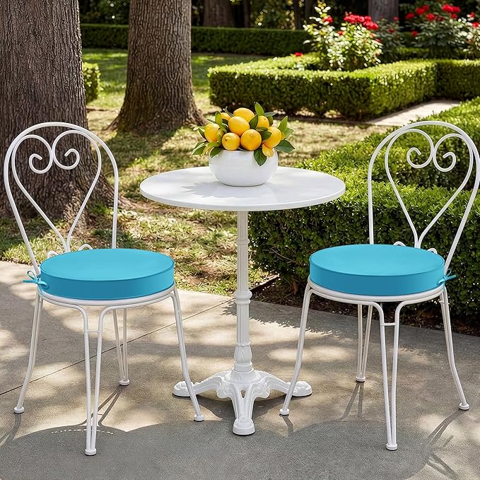 Summsun Outdoor Bistro Chair Cushions Set of 2, 15" D x 3" H Round Chair Cushions Waterproof and Fade Resistant Chair Cushion Pads with Non-Slip Ties and Removable Covers for Garden, Teal