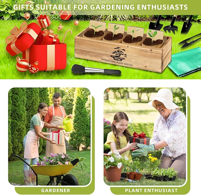 Premium Bonsai Kit,Complete Bonsai Starter Kit with Wooden Gift Box,repotting mat, Burlap Pots & Gardening Tools, DIY Bonsai Plant Set for Adults & Beginners (Seeds Excluded)Birthday Thanksgiving gift