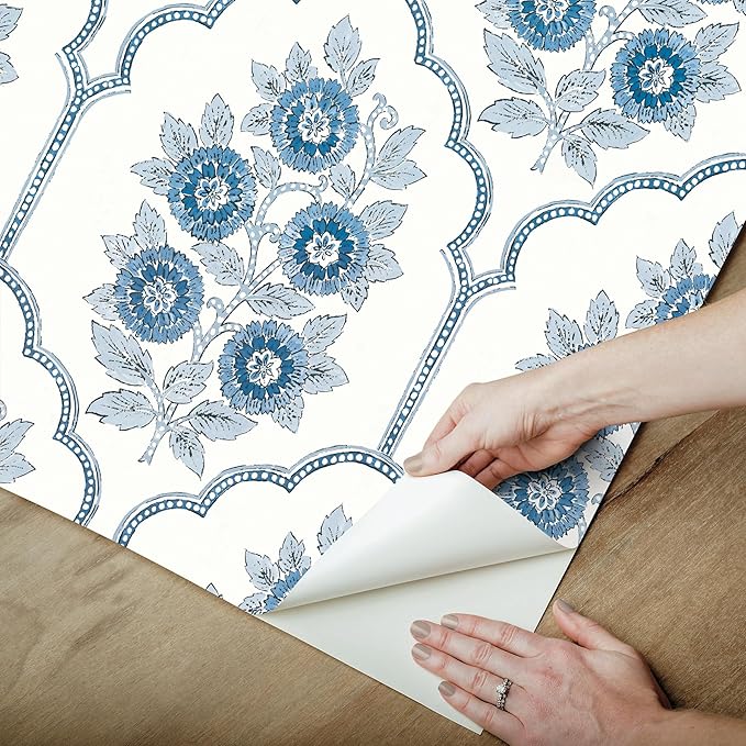 NuWallpaper x Society Social Floral Bazaar Delft Blue Peel and Stick Wallpaper
