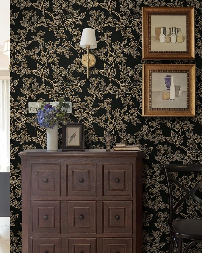 Ismoon Floral Peel and Stick Wallpaper Vintage Black and Gold Contact Paper