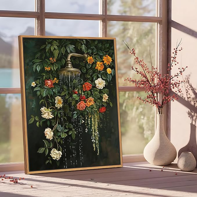 Floating Framed Floral Shower Wall Art, Vintage Botanical Flower Canvas Print