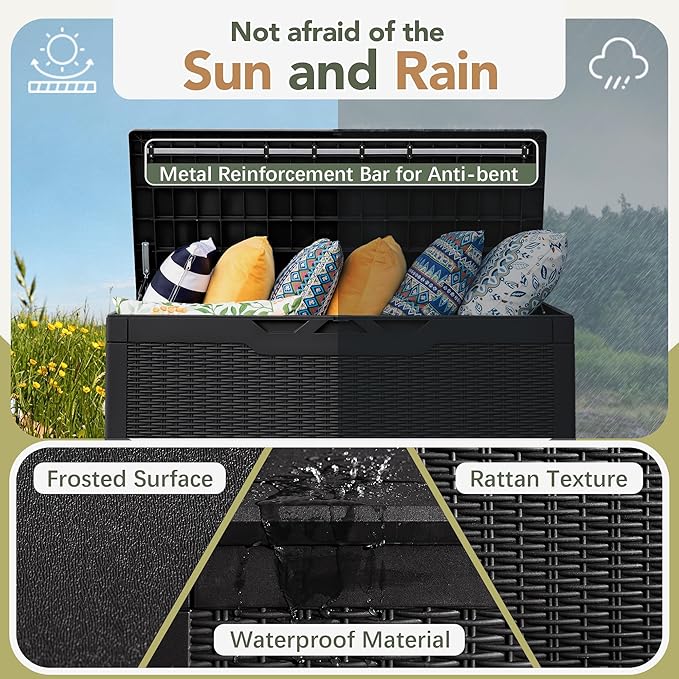Flamaker Deck Box with Cushion 98 Gallon Waterproof Resin Storage Box with Air Rod Indoor Outdoor Lockable Storage Bench for Patio Furniture, Tools, Pool Accessories (Black)