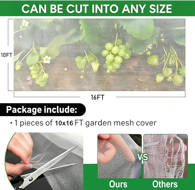 Garden Netting Pest Barrier 10x16FT Ultra Fine Insect Netting for Garden Raised Beds, Plant Net Mesh Cover for Garden Protection, Bird Bug Net, Greenhouse Row Cover Nets for Vegetables Fruits Flowers