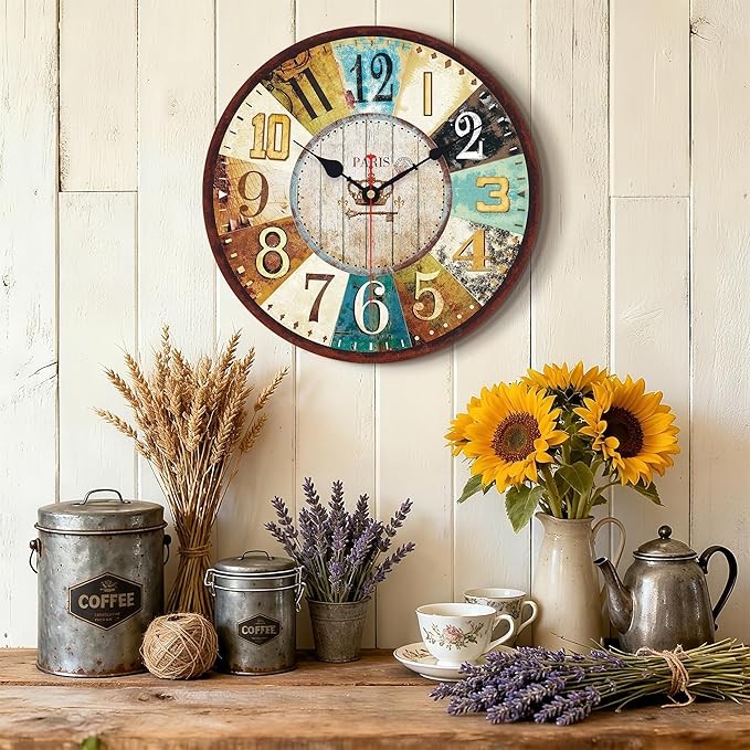 VIKMARI 14 Inch Wooden Wall Clock Battery Operated Retro Rustic Decorative Clock
