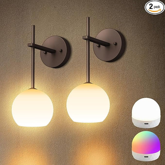 Brown Battery Operated Wall Sconces Set of 2, Rechargeable Wireless Wall Lights