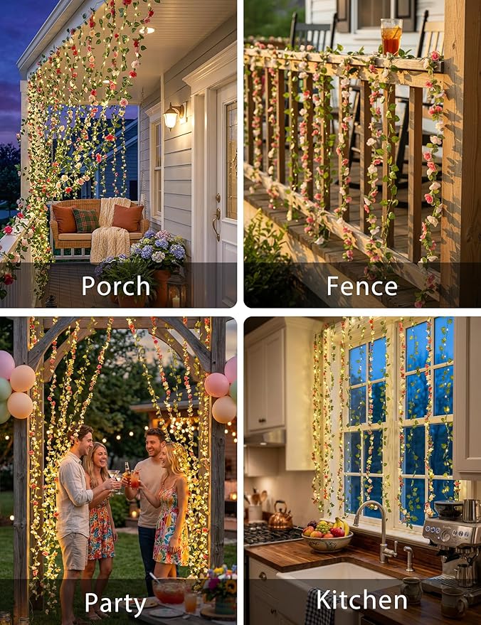 suddus 300 LED Artificial Flower Garland Pothos Vines Curtain Lights, Rose