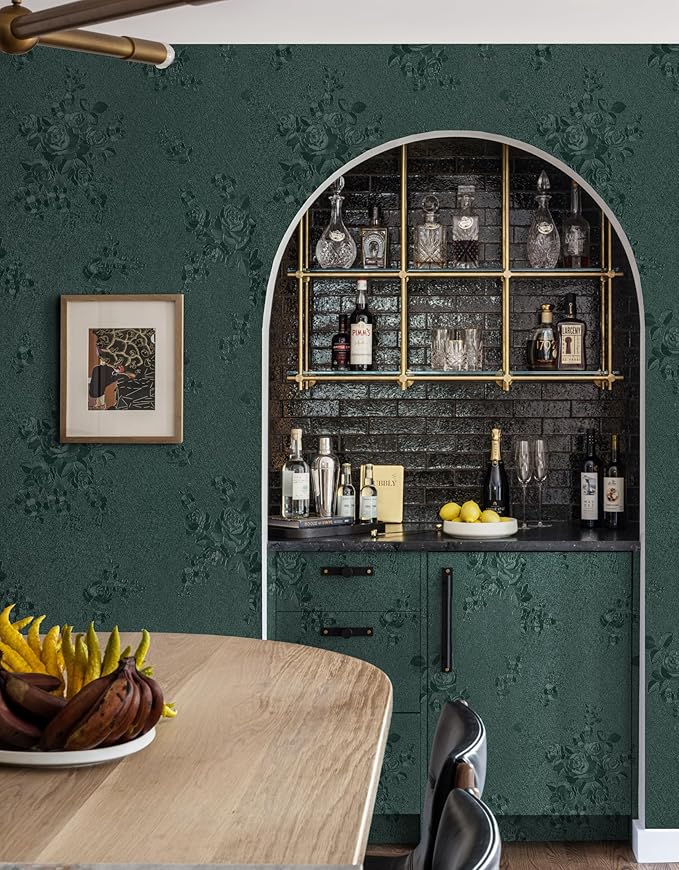 Erfoni 118"x17.7" Dark Green Wallpaper Thicken Floral Embossed Contact Paper