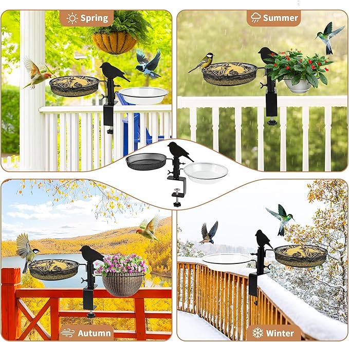 Bird Feeder 3 Inch Clamp for Deck Railings - Heavy Duty Adjustable Clamp with Metal Tray & 2 Detachable Bowls, All-in-One Backyard Gift to Attract Cardinals, Finches to Balcony, Porch, Patio