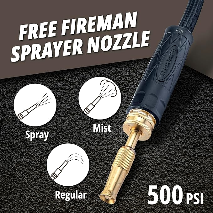 Hydrosteel PRO 50 Ft Heavy Duty Metal Garden Hose with Nozzle, Water Hose Made from 304 Stainless Steel, Flexible, Lightweight, Brass Crush Resistant Fittings, Kink Free, 5/8” Diameter, 600 PSI
