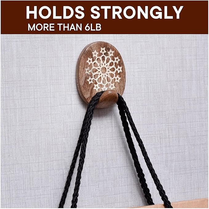 Indian Shelf 6 Lb- 3 Pieces Decorative Wood Adhesive Wall Hooks–Boho Peel and