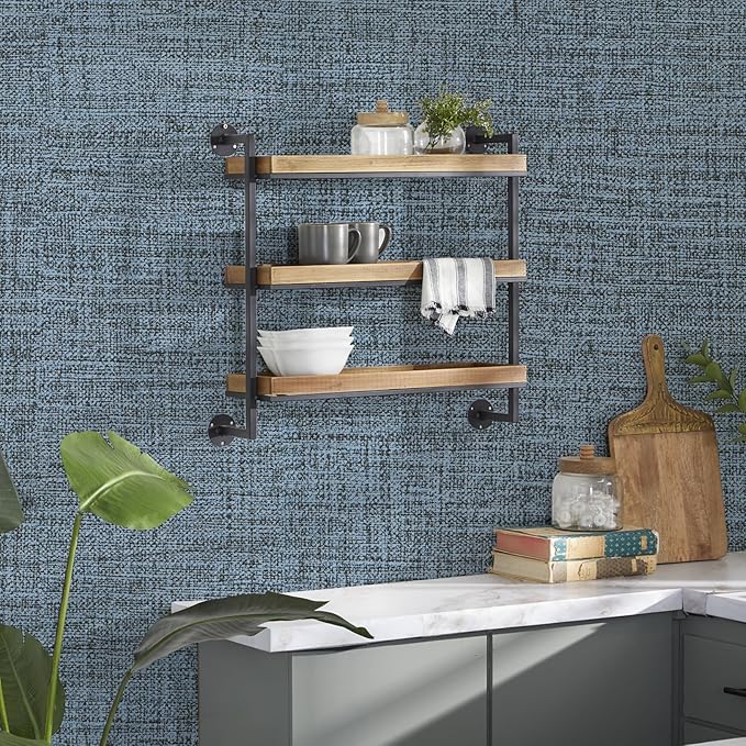 Blue Gray Grasscloth Peel and Stick Wallpaper 17.3"x480" Faux Linen Textured