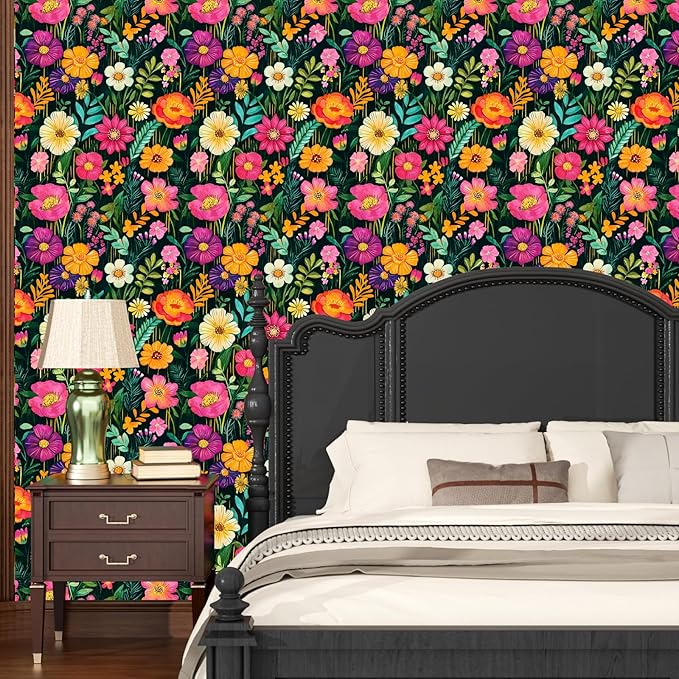 BOKEBEVE Extra Long Watercolor Colorful Floral Wallpaper Peel and Stick Green