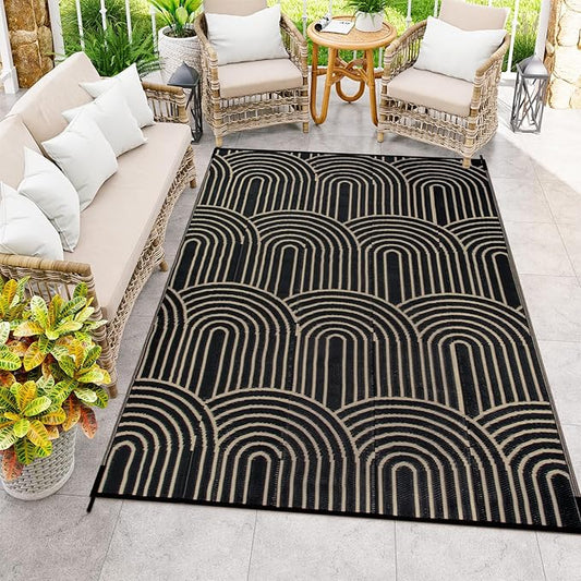 Anidaroel Patio Rugs Outdoor 6âx9â Clearance Waterproof, Reversible Rainbow Outdoor Plastic Straw Outside Rugs, RV Outdoor Rugs for Camping, Porch, Balcony, Backyard (Black&Brown, 6âX9')