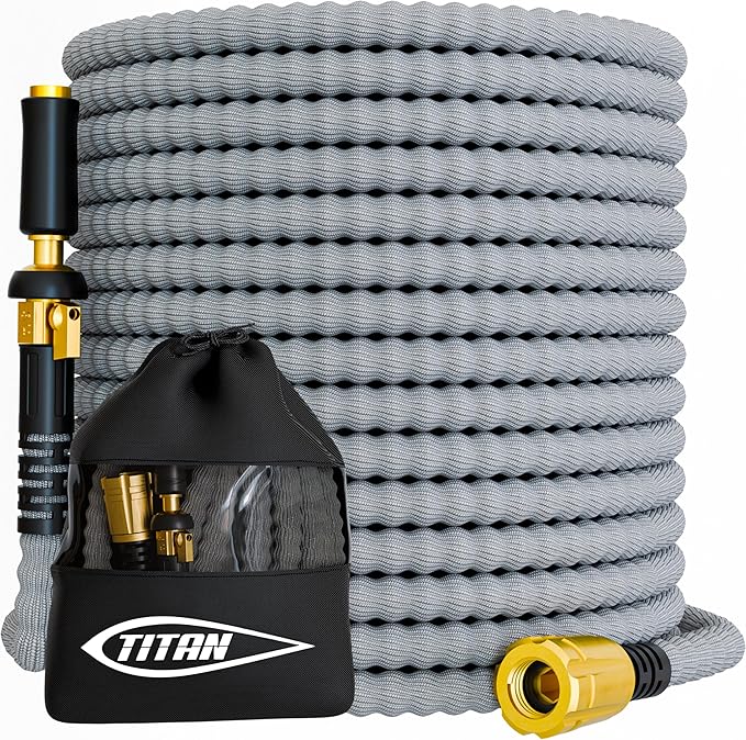 TITAN Flexible Garden Hose 10FT – Ultra Lightweight, Heavy Duty Water Hose with Brass Fittings & Jet Nozzle – Kink-Free, Non-Expanding, Durable Fabric Hose for Yard, Lawn, Car Wash, Outdoor Use