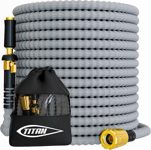 TITAN Flexible Garden Hose 100FT – Ultra Lightweight, Heavy Duty Water Hose with Brass Fittings & Jet Nozzle – Kink-Free, Non-Expanding, Durable Fabric Hose for Yard, Lawn, Car Wash, Outdoor Use