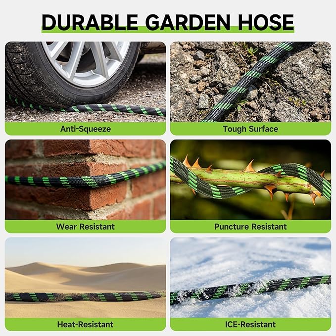 Garden Hose 25 ft Flexible Water Hose Non-Expanding Lightweight Kink-Free Hoses Durable Leak-Proof High Pressure Pipe with 3/4” Brass Fitting 10 Function Nozzle for Outdoor Yard Lawn Car Wash