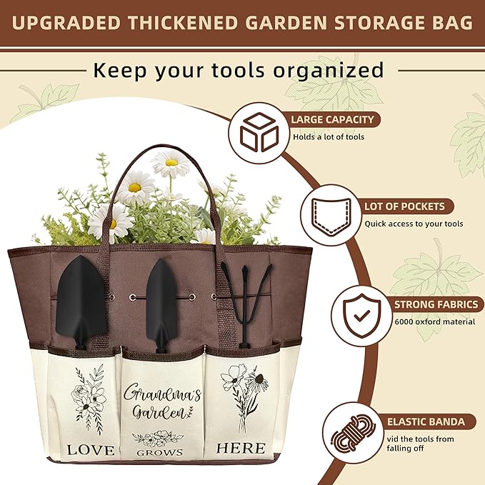 Grandma Gifts, Mothers Day Garden Kit Gifts for Grandma from Grandkids Gardening Tools and Durable Garden Tools Organizer Tote, Ideal Gardening Set for Women on Plant Lover Birthday Present Brown