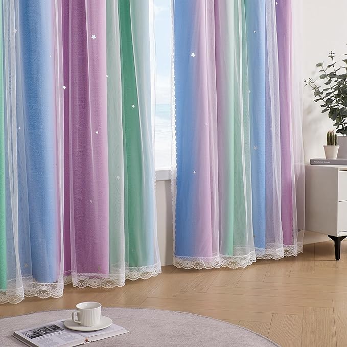 XiDi Curtains for Bedroom Decor, Rainbow Green PurpleBlue34/96/1