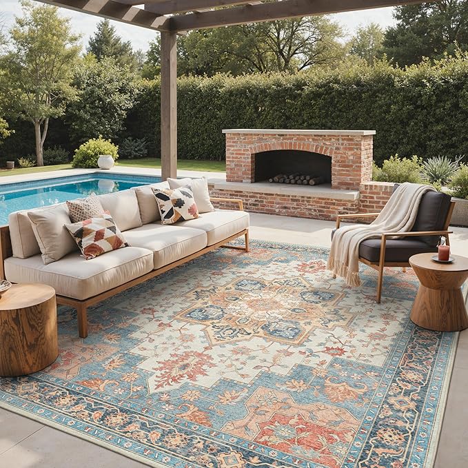 GENIMO Outdoor & Indoor Area Rug 9'x12', Waterproof, Non-Shedding, Easy Cleaning, Boho Mat for Patio, Living Room, Balcony, Dining Room, RV, Deck, Bedroom, Camping, Outside Carpet,Blue Salmon