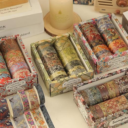 Songdao 12 Rolls Kyoto Charm Washi Tape Set Japanese Arts Adhesive Tapes Geometric Garden Decorative Masking Tape Sets for Craft, Kids, Scrapbook, DIY, Gift Wrapping (Purple Sakura)