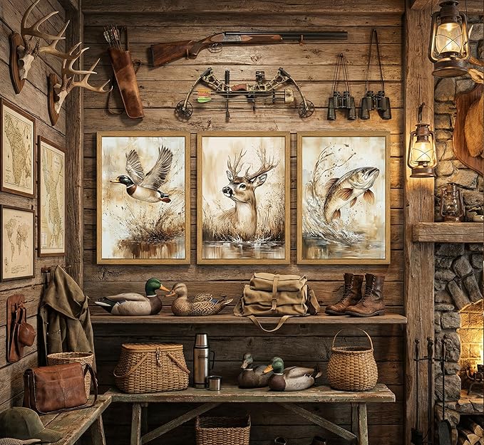 3Pcs Framed Rustic Outdoor Wildlife Canvas Wall Art,Watercolor Deer Duck And Fish Wall Decor Pictures,Vintage Farmhouse Hunting Posters Prints,for Living Room Bathroom Kitche Home Decoration
