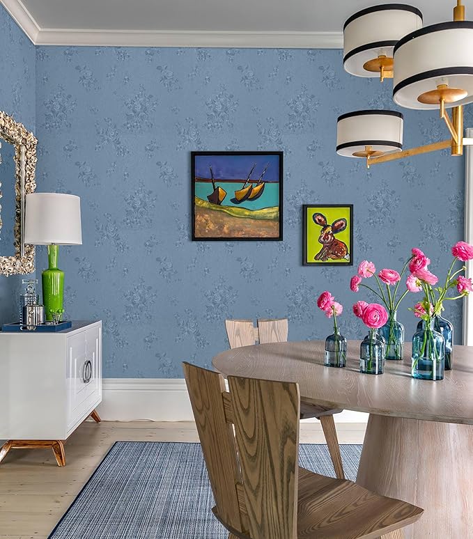 Erfoni 394"x17.7" Grey Blue Floral Embossed Wallpaper