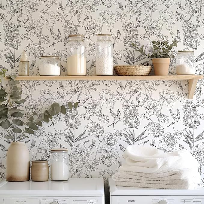 Jiffdiff White and Black Wallpaper Peel and Stick Sketched Peony Floral