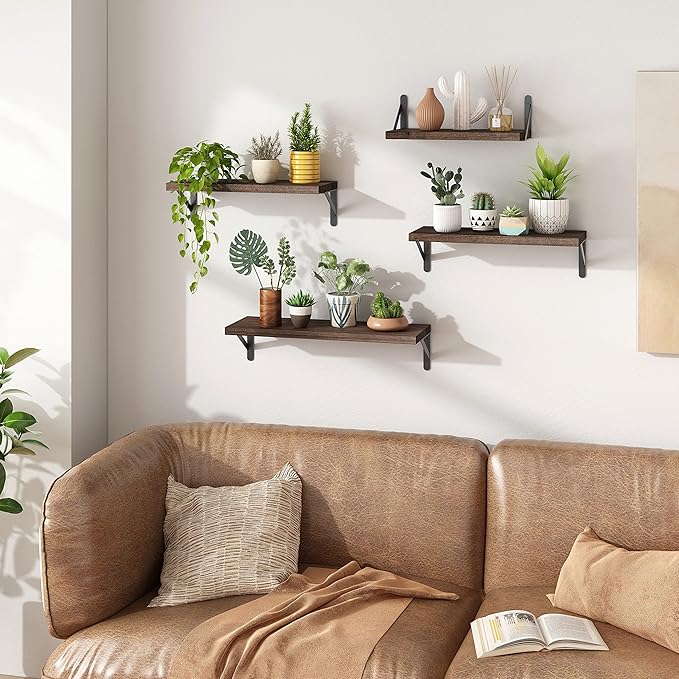 YGEOMER Floating Shelves for Wall, Different Sizes Dark Carbonized Brown Wall