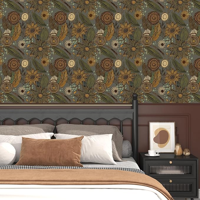 Grey Boho Wallpaper Peel and Stick, Vintage Yellow Green Floral Contact Paper