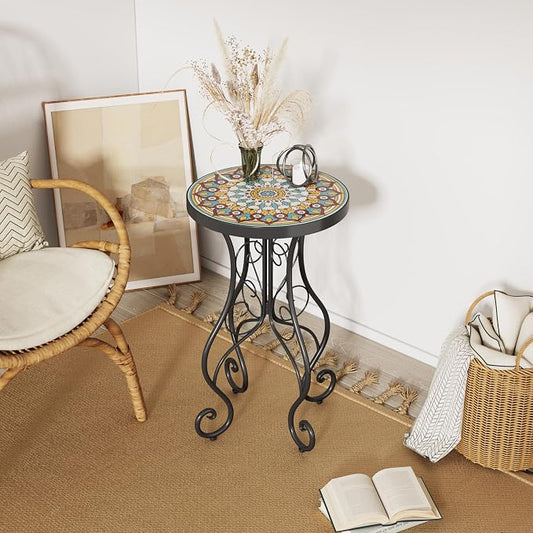 Merax Patio Side Table for Small Space, 22.45" Height Metal Outdoor Indoor Round Side Table, French Country Style, Floral Design Small End Table for Yard Porch Balcony Garden, Brown+Black