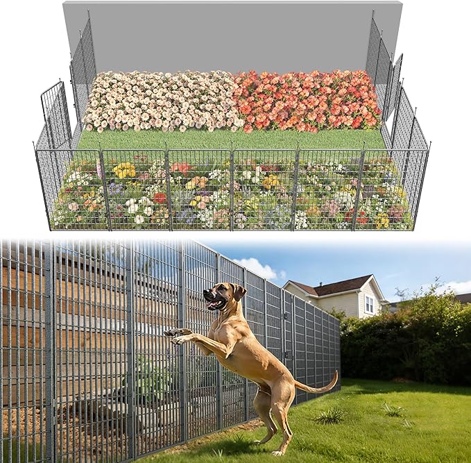 FXW Garden Fence Outdoor for the Yard – 50in(H) x 41.7ft(L) Heavy Duty Metal Animal Barrier for Dog, No Dig Decorative Dog Fence, 16 Panels, Silver