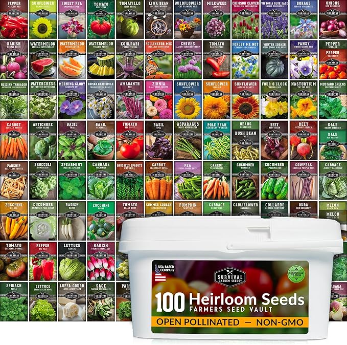 Survival Farmer Seed Vault â 100 Pack of Heirloom Vegetable Seeds for Planting â Non-GMO Vegetables, Fruits, Herbs â Sealed Kit for Long-Term Emergency Storage â Survival Garden Seeds