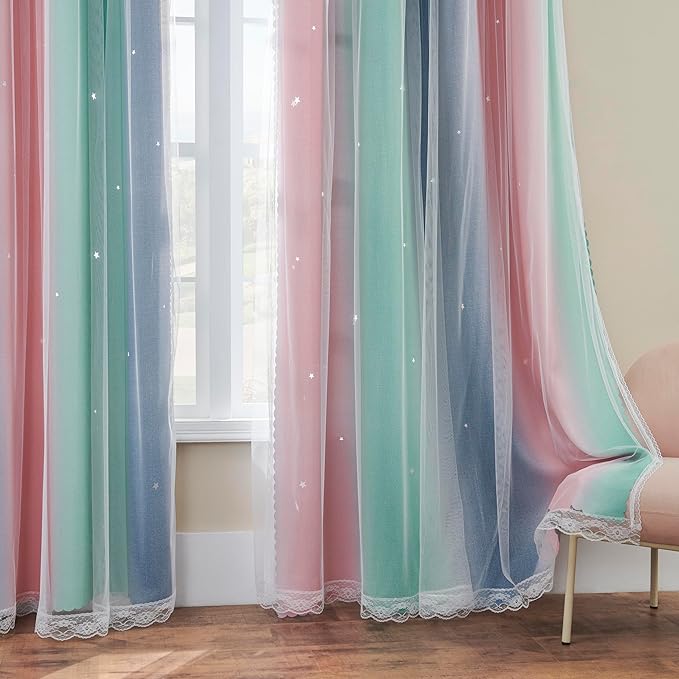 XiDi Pink Green Grey Kids Room Curtains, 1 Panel