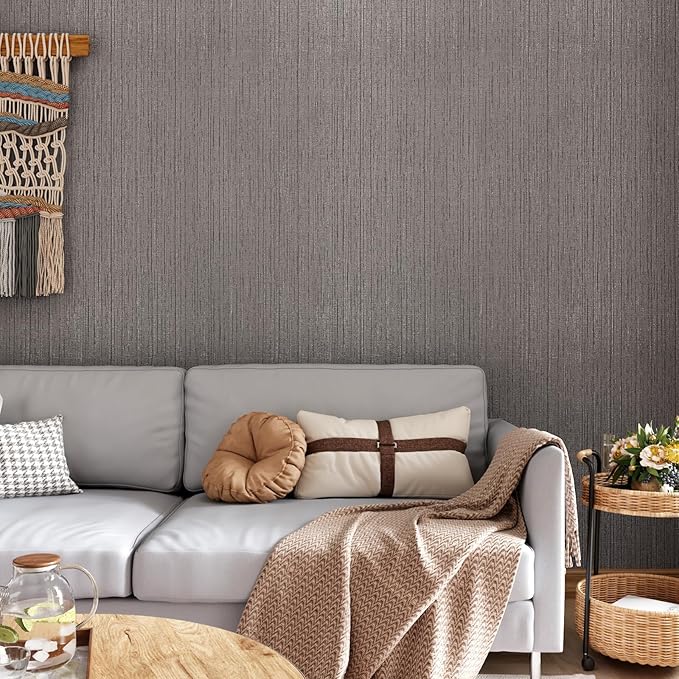 CRE8TIVE Dark Grey Grasscloth Wallpaper Removable Textured Wallpaper Stick and