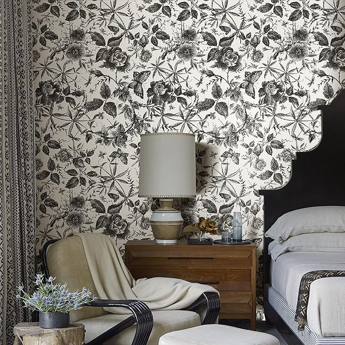 JiffDiff Floral Vintage Wallpaper Peel and Stick Wall Stick Black Rose