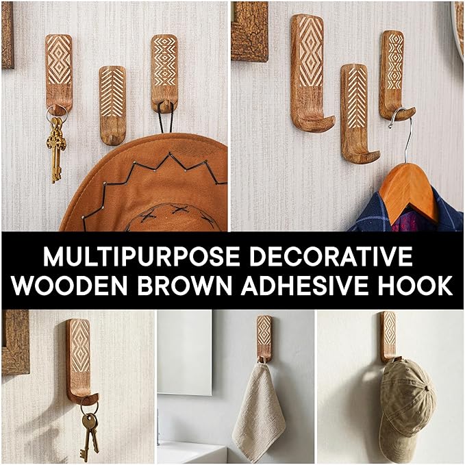 Indian Shelf 10 LB Decorative Wood Adhesive Wall Hooks–Boho Peel and Stick Hooks