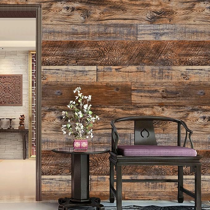 WENMER 23.6" x 394" Brown Wood Peel and Stick Wallpaper Shiplap Self Adhesive