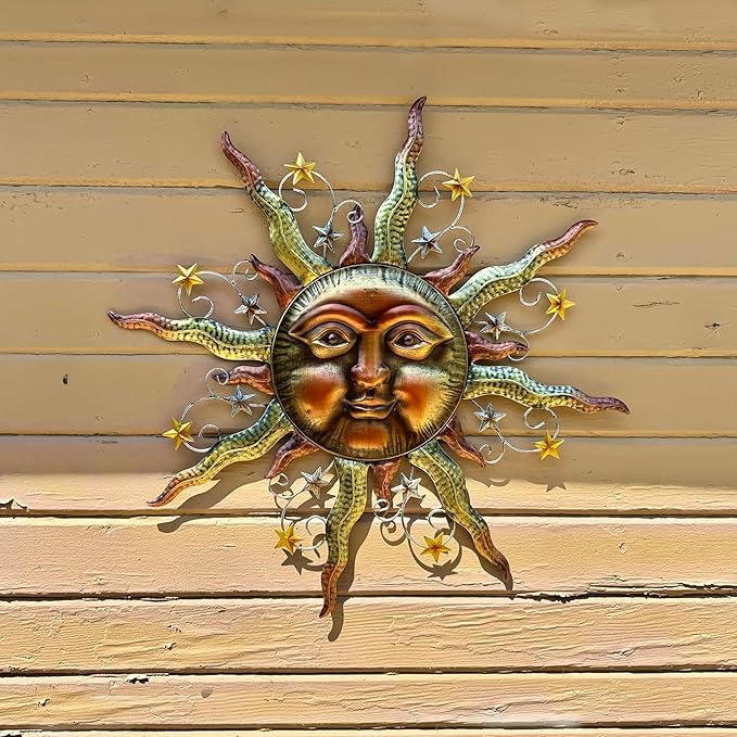 TERESA'S COLLECTIONS Sun Metal Wall Art for Outdoor Decor,21" Bronze Sun Face 3D Wall Decor for Garden Decor,Rustic Retro Hanging Sculpture for Outside Living Room Home Patio Farmhouse Gifts for Mom